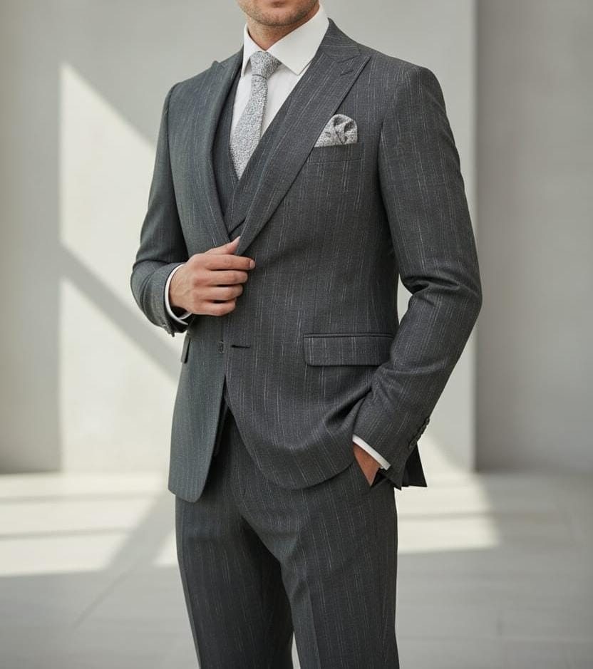 Costume Gris Noir Rayé – 3 Pièces