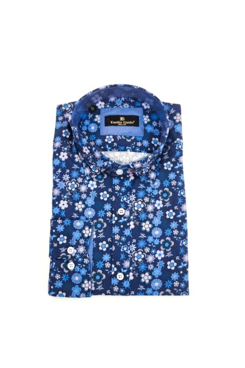 Chemise Fleuri Bleu Manches Longues