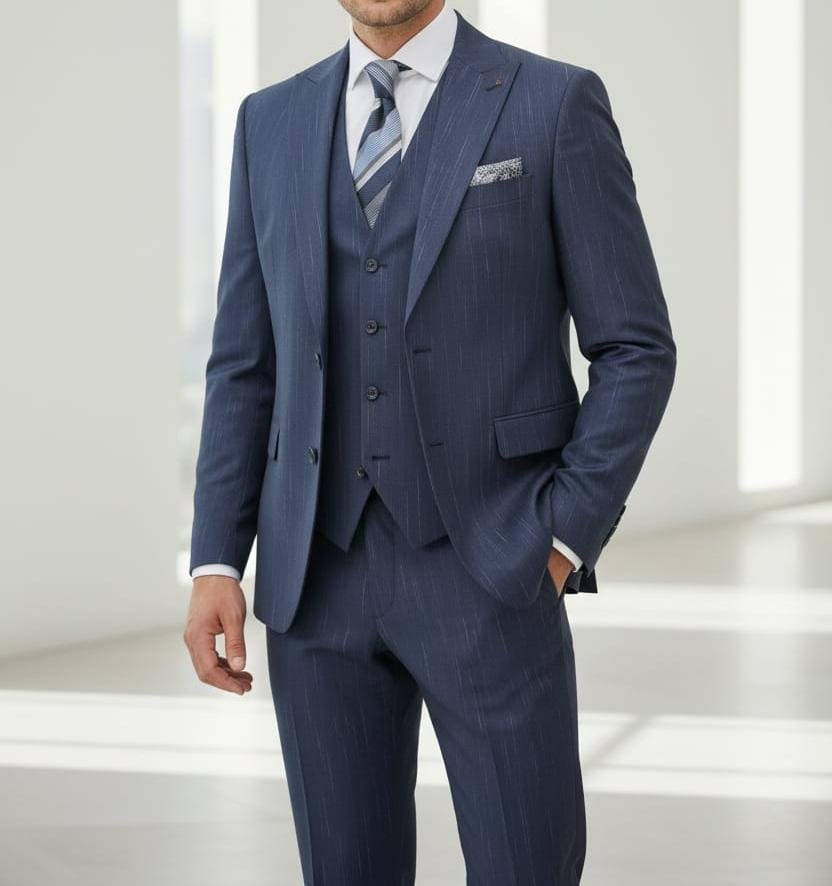 Costume Rayé Bleu Nuit – 3 Pièces