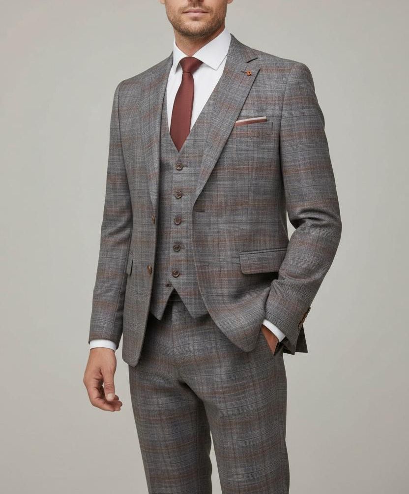 Costume à Carreaux Gris Bordeaux- 3 Pièces