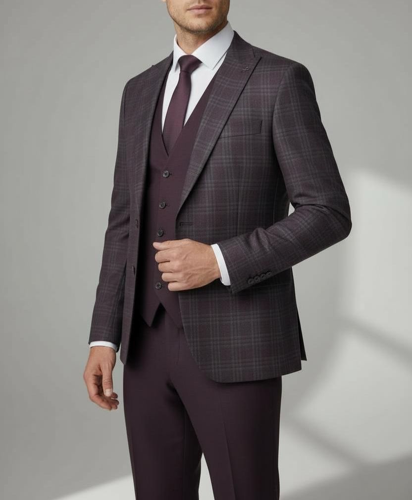 Costume Bordeau à Carreaux- 3 Pièces