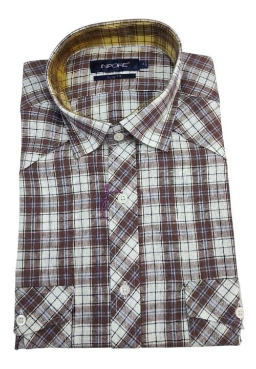 Chemise Marron à Carreaux Demi Manche