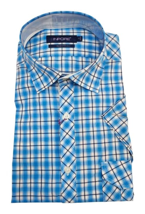 Chemise Bleu Ciel à Carreaux  Demi Manche