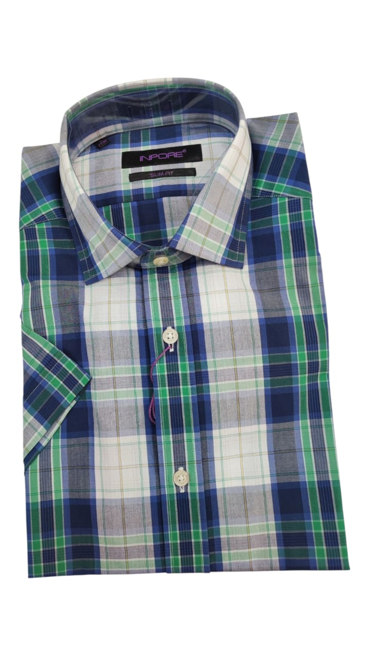 Chemise Bleu Vert à Carreaux Demi Manche