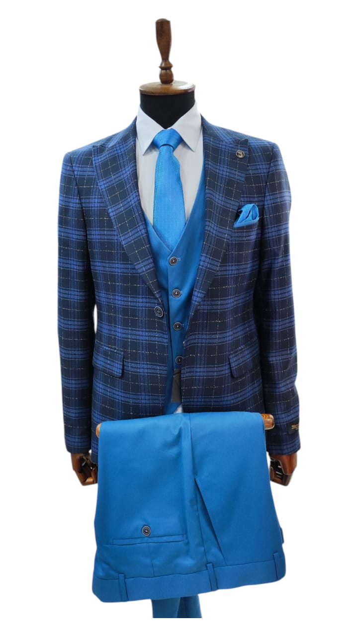 Costume Bleu Nuit à Carreaux  – 3 Pièces