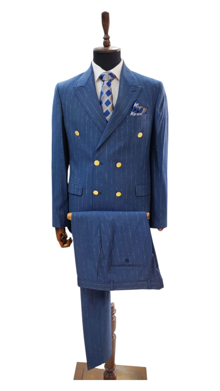 Costume Bleu Rayé Croisé – 2 Pièces