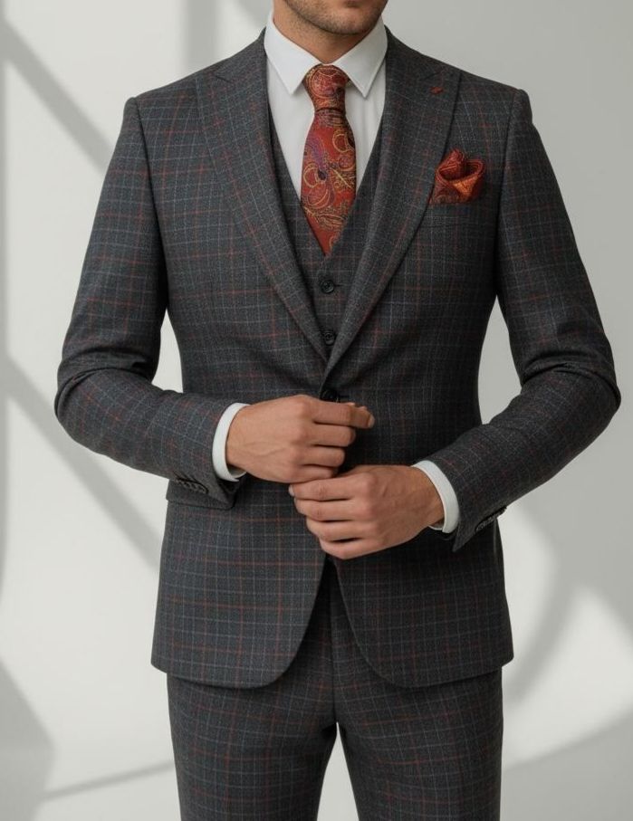 Costume Rayé Gris Foncé  – 3 Pièces