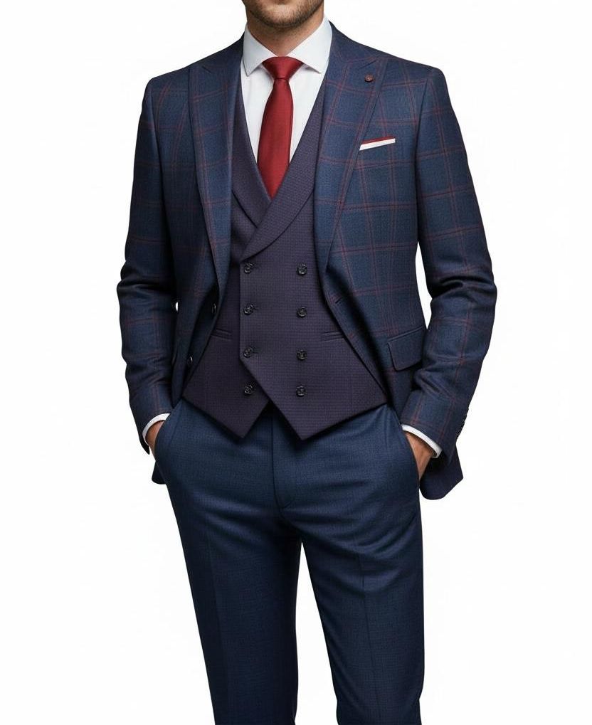 Costume à Carreaux Bleu Marine- 3 Pièces