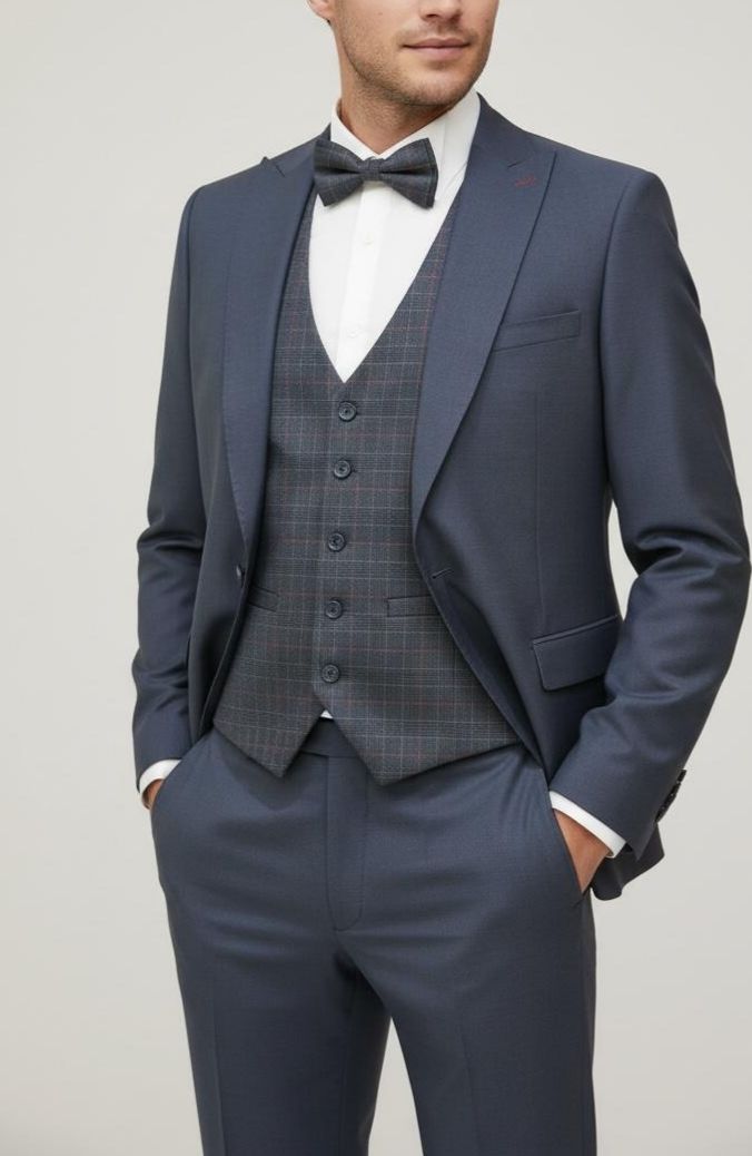Costume Gris Foncé Avec gilet à Carreaux  – 3 Pièces