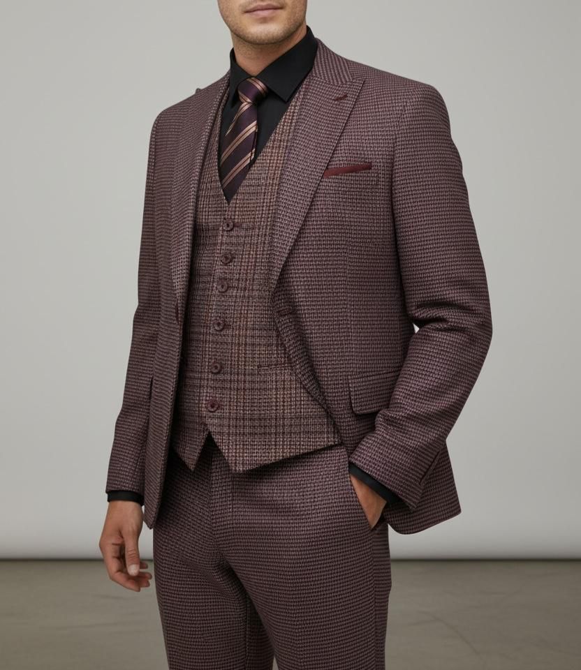 Costume Bordeaux à Carreaux – 3 Pièces