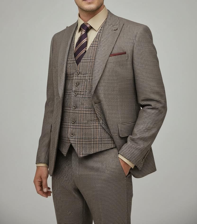 Costume Marron à Carreaux – 3 Pièces