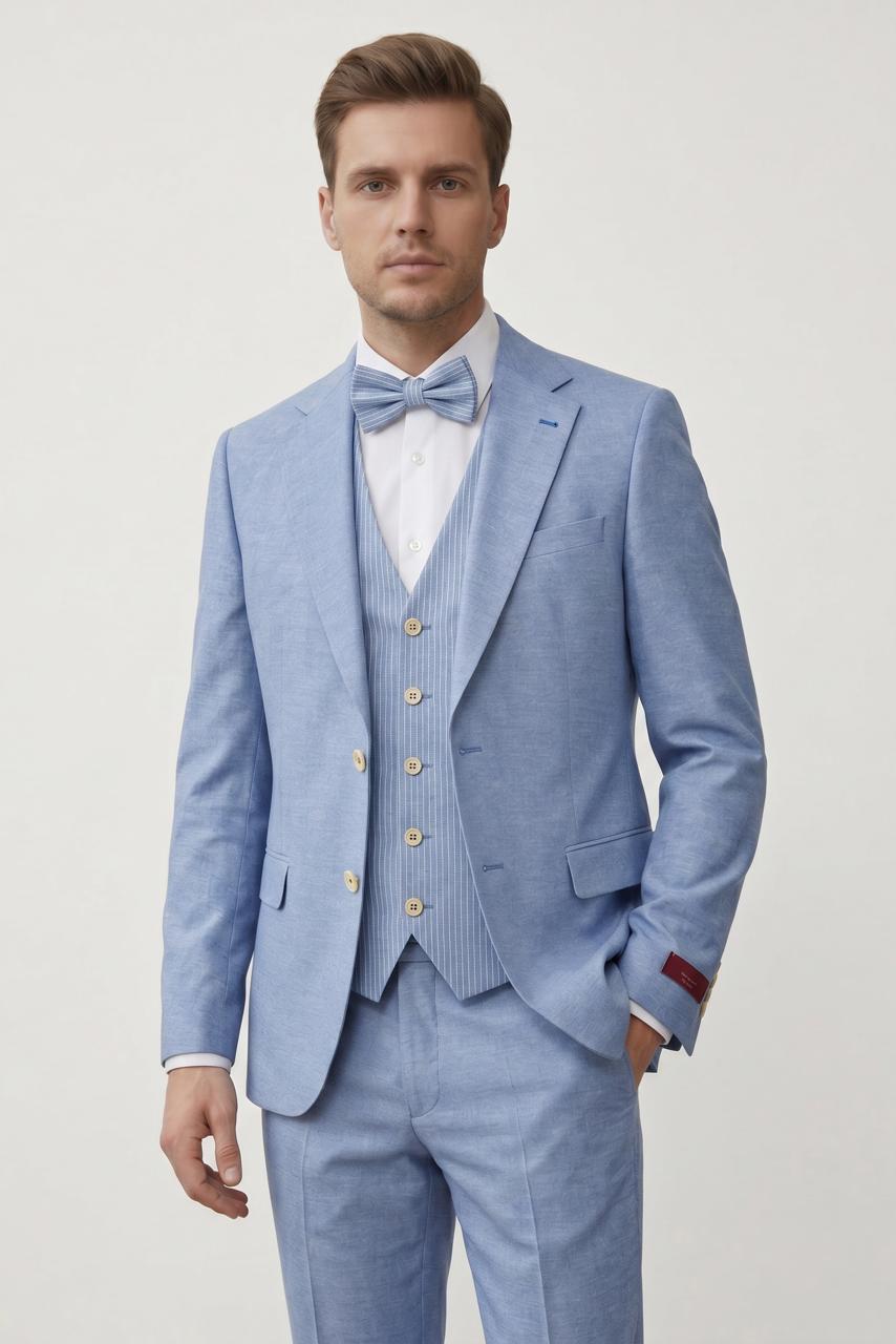 Costume En Lin Bleu Ciel avec Gilet Rayé – 3 Pièces