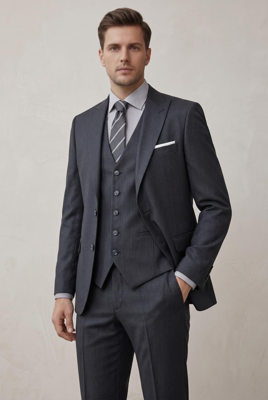 Costume Gris Noir Rayé – 3 Pièces