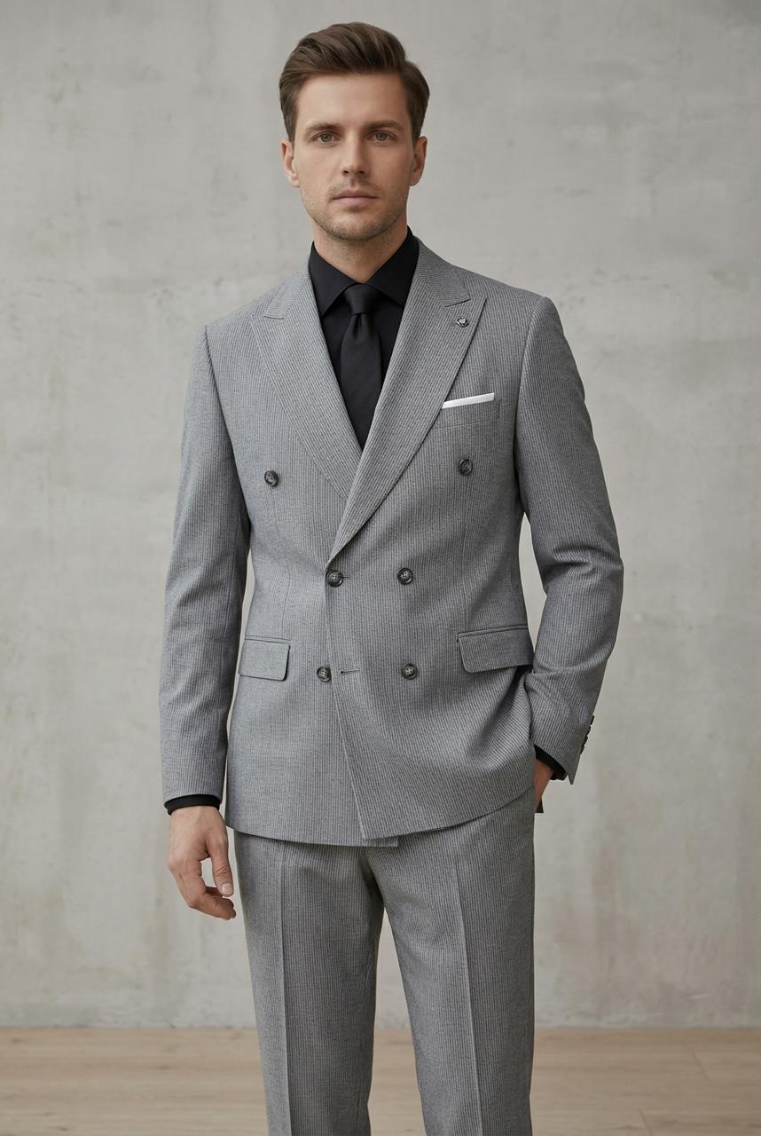 Costume Croisé Gris Rayé