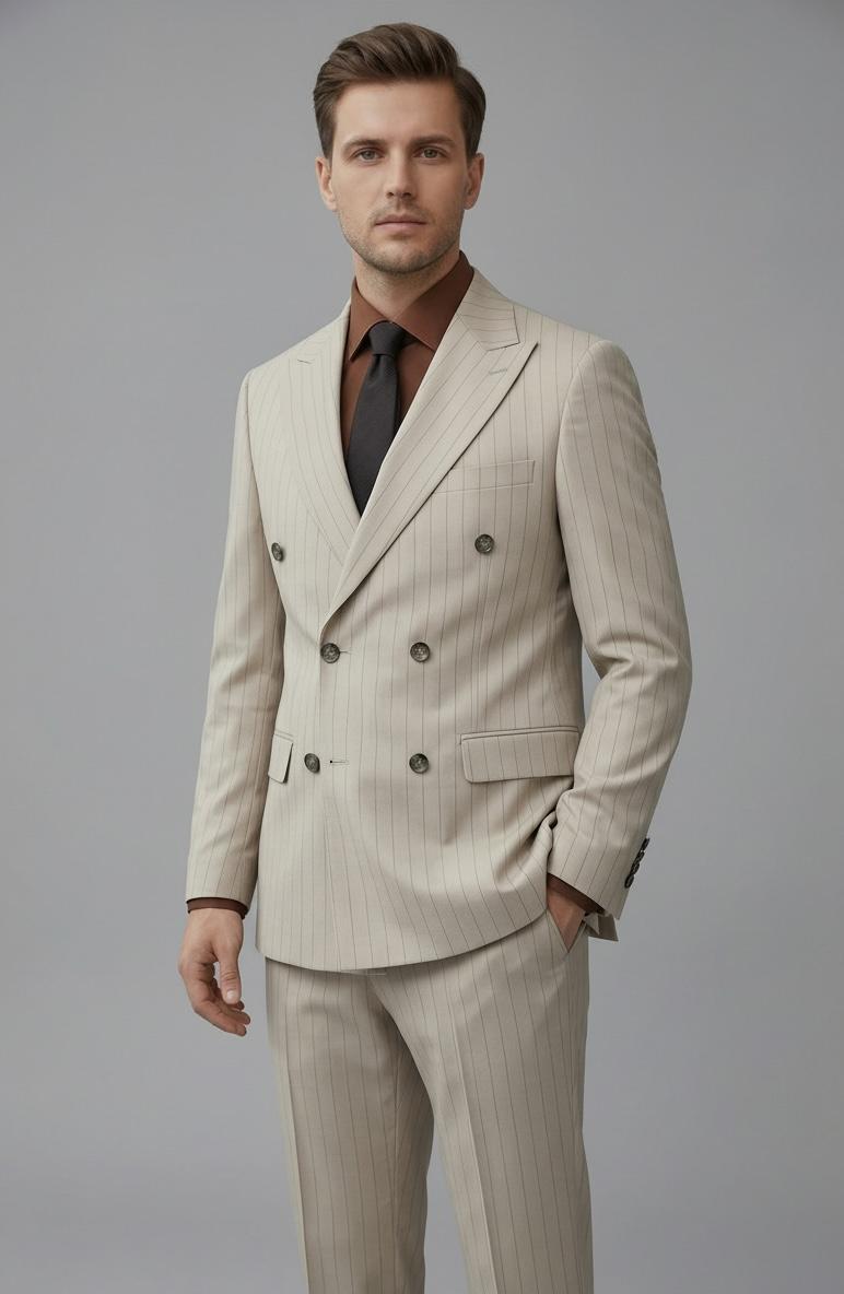 Costume Croisé Beige Rayé