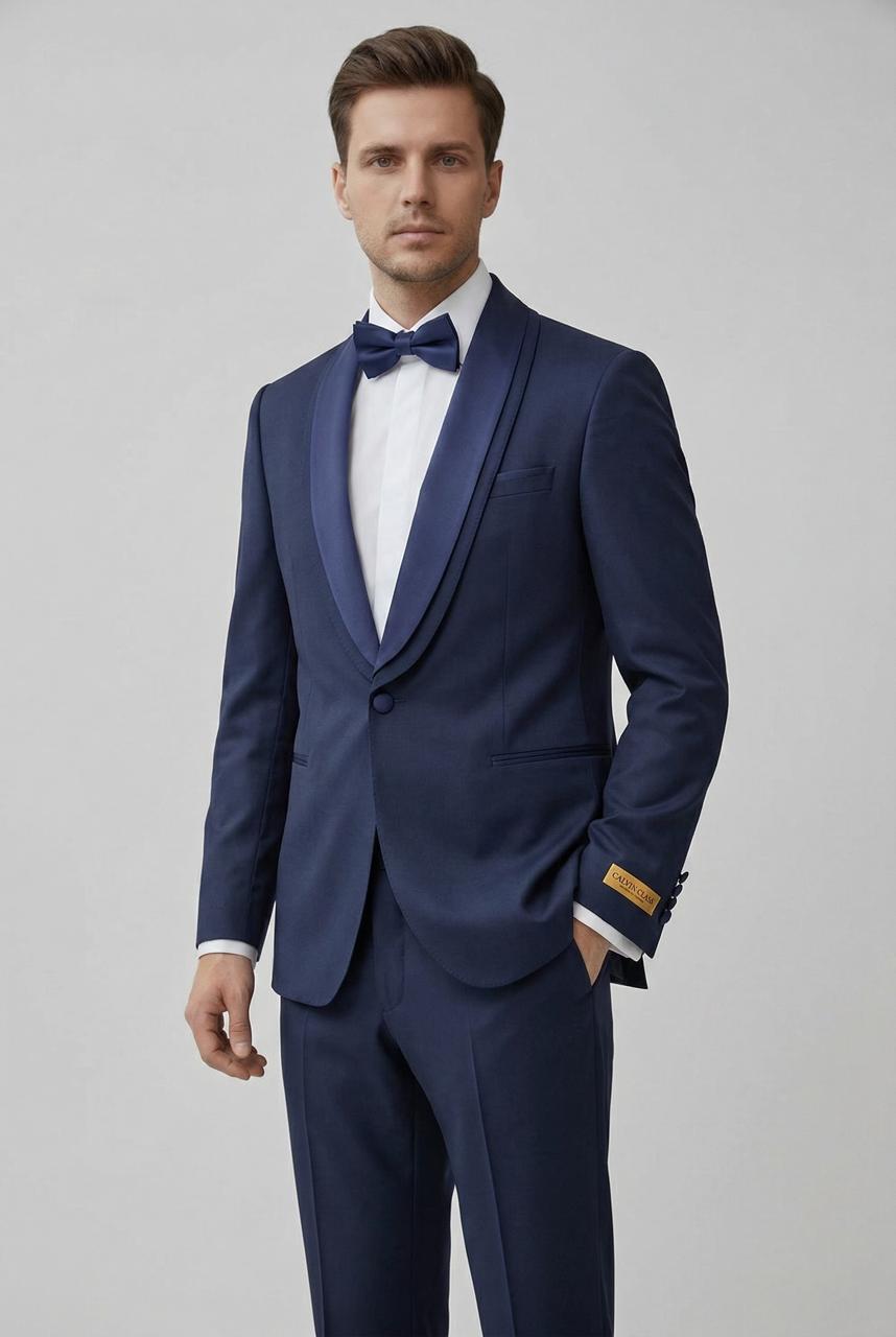 Costume Cérémonie Bleu a Revers Châle  – 3 pièces