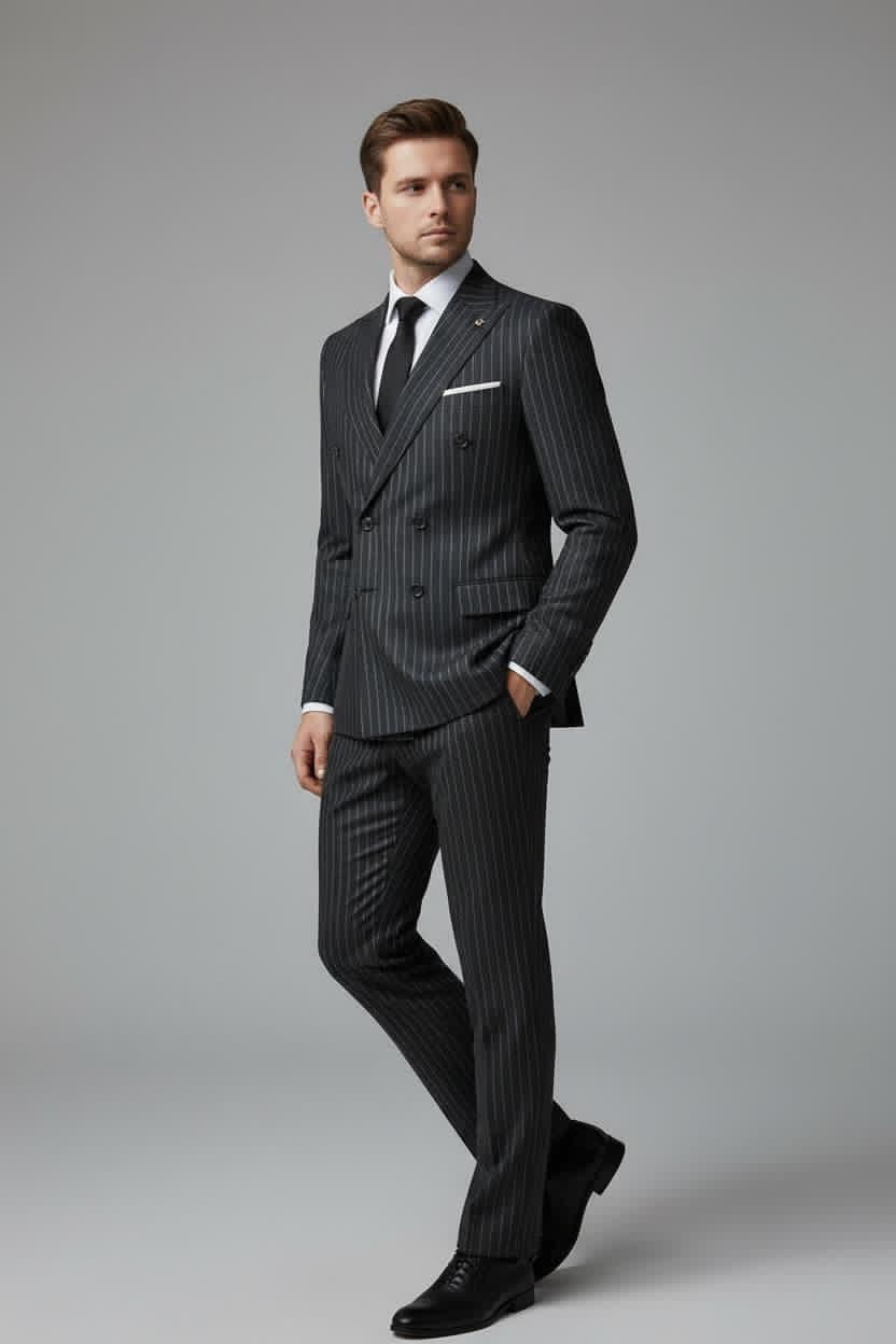 Costume Croisé Noir Rayé
