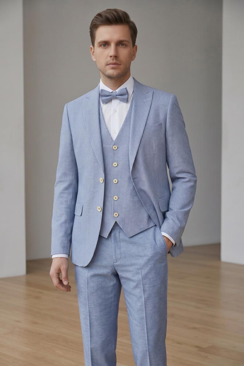 Costume En Lin Bleu Ciel Rayé – 3 Pièces