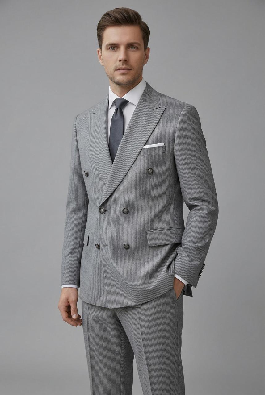 Costume Croisé Gris Rayé