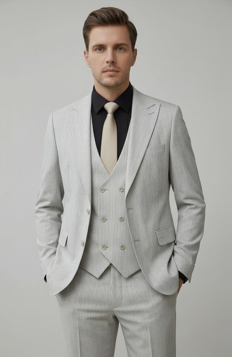 Costume Cérémonie Blanc Cassé Rayé – 3 Pièces