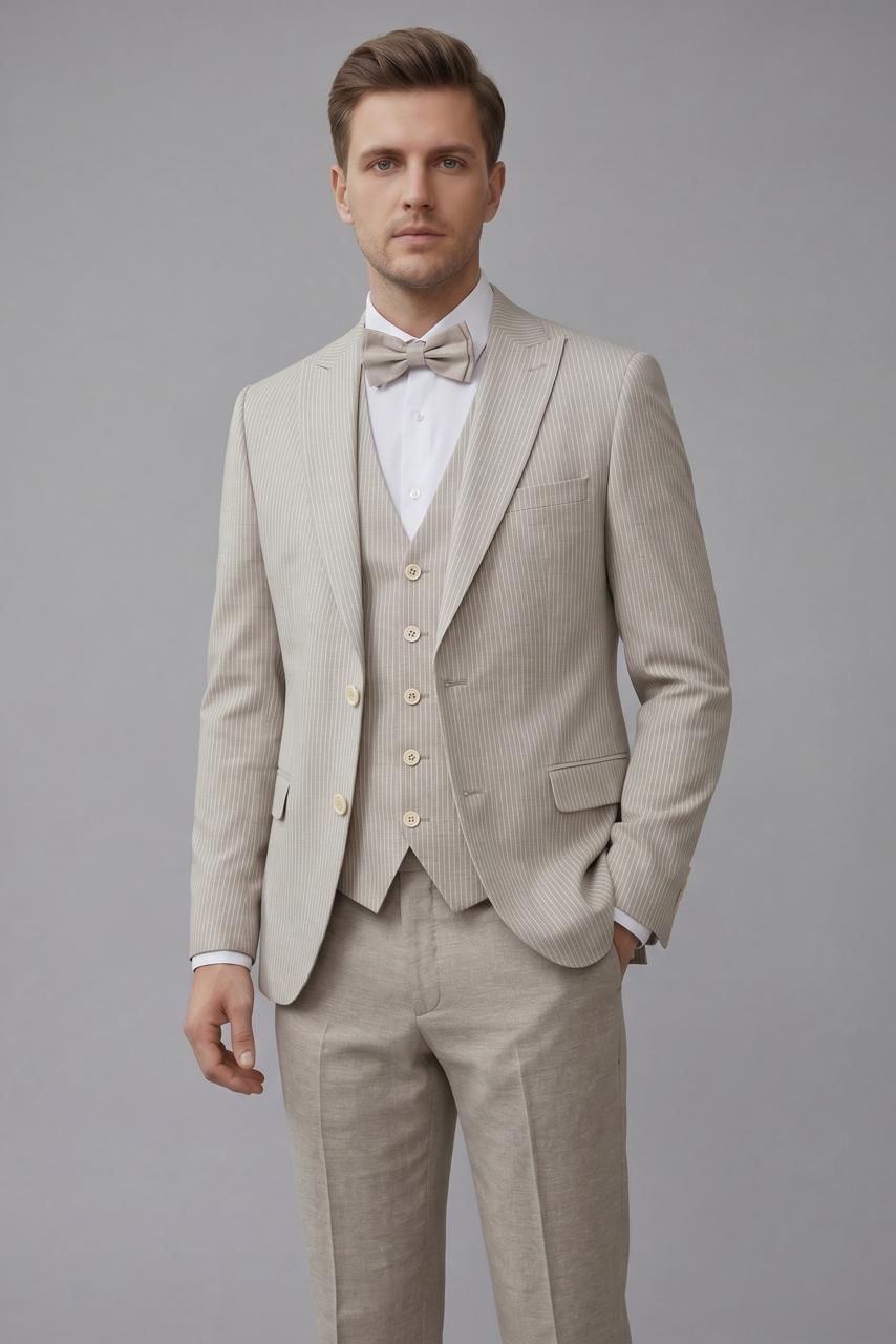 Costume En Lin Beige Rayé – 3 Pièces