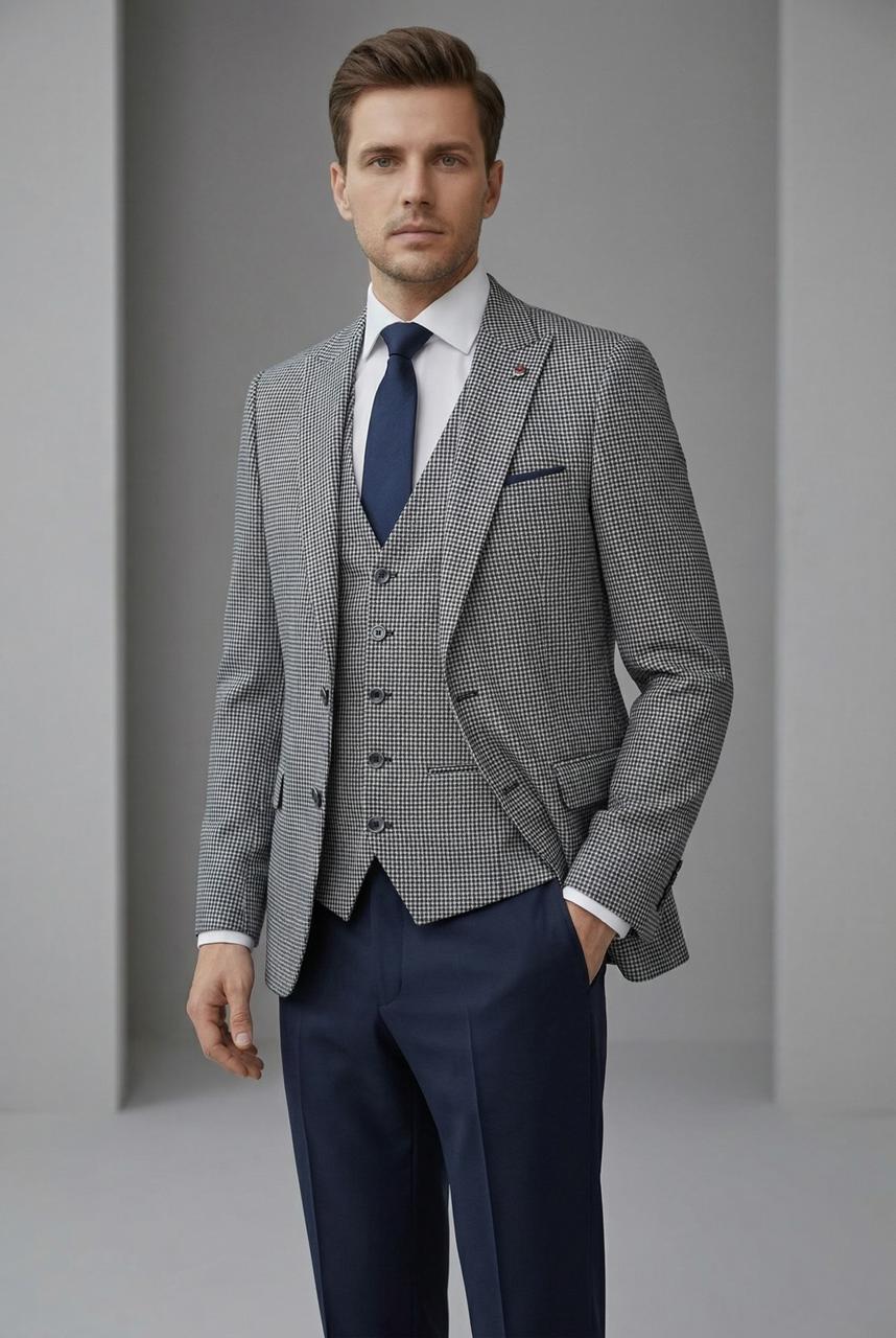 Costume Bleu a Petit Carreaux  – 3 Pièces