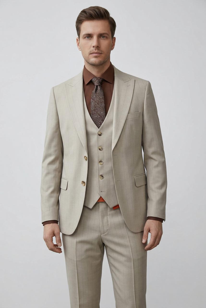 Costume Beige Claire Rayé – 3 Pièces